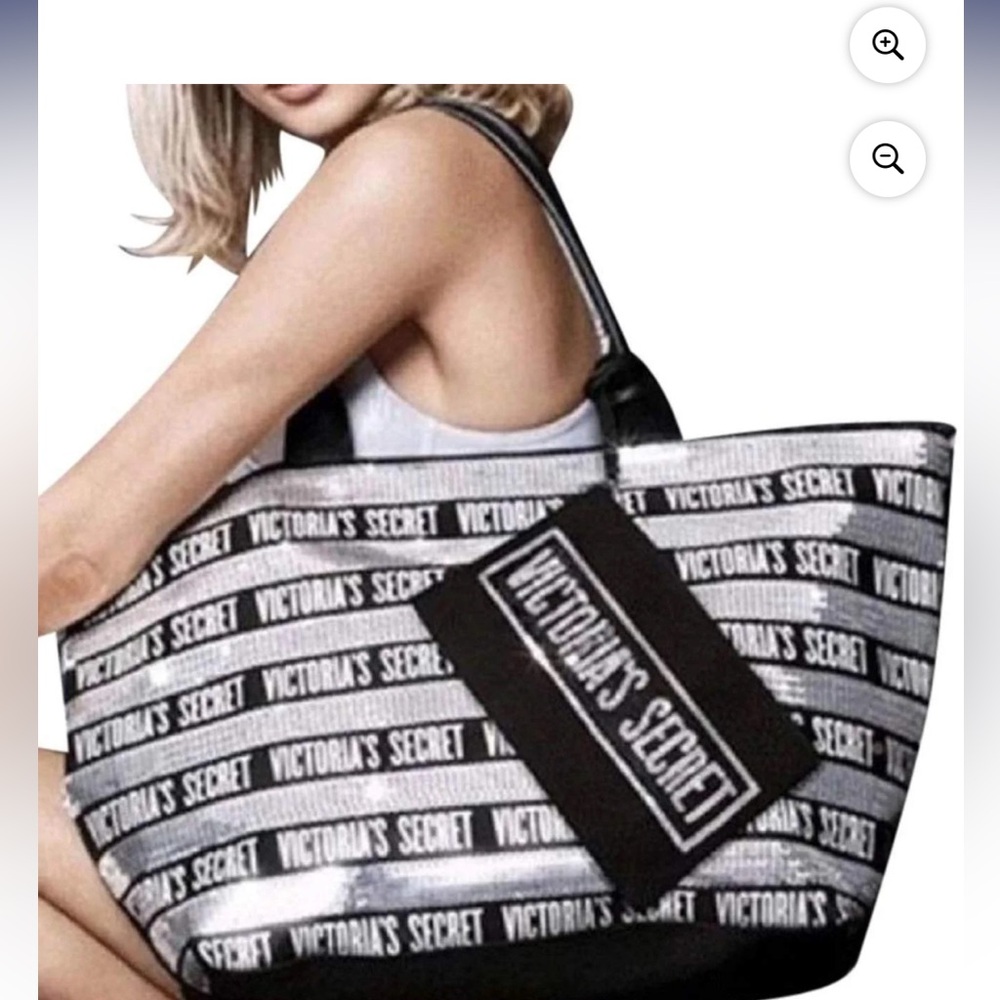 NWT Victoria’s Secret Black & Silver Logo Sequins Bling Tote Bag & Wristlet